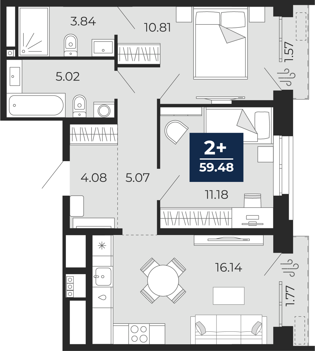 2-комнатная 56 м2 в ЖК Мириады корпус null этаж 2