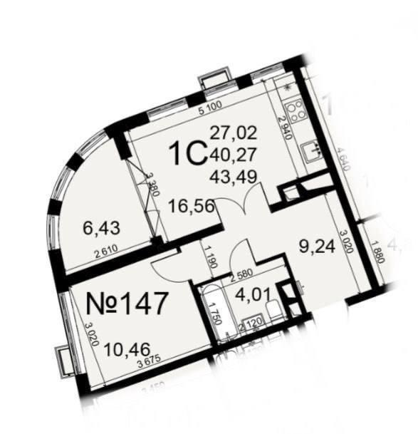 1-комнатная 43.5 м2 в ЖК undefined корпус null этаж 9
