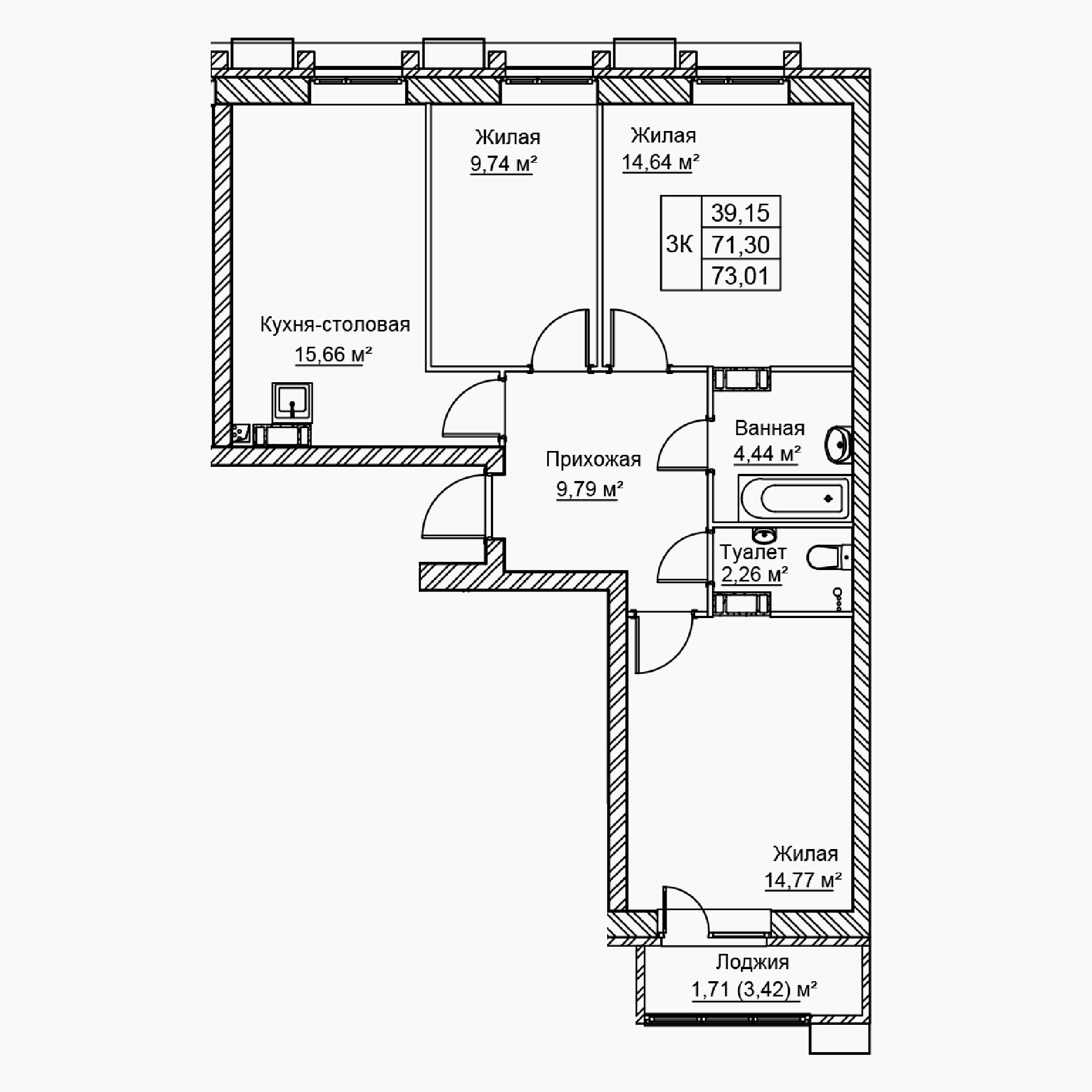 3-комнатная 73 м2 в ЖК Сталь корпус null этаж 7