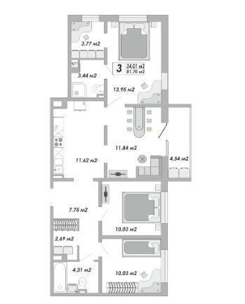 3-комнатная 81.7 м2 в ЖК undefined корпус null этаж 8