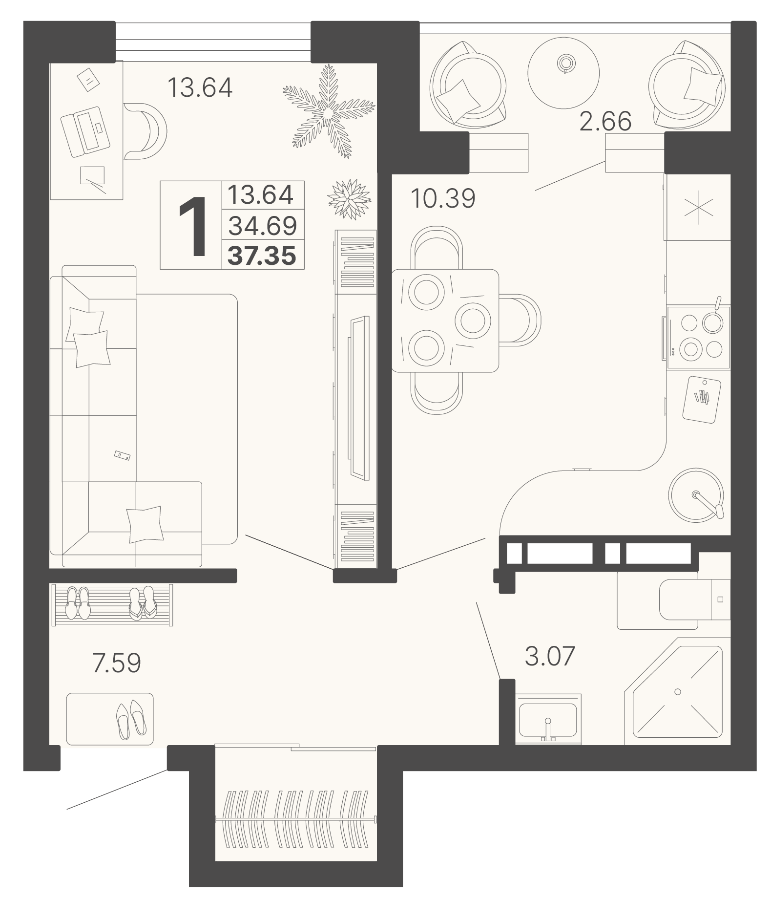 1-комнатная 37 м2 в ЖК Светский лес корпус null этаж 15