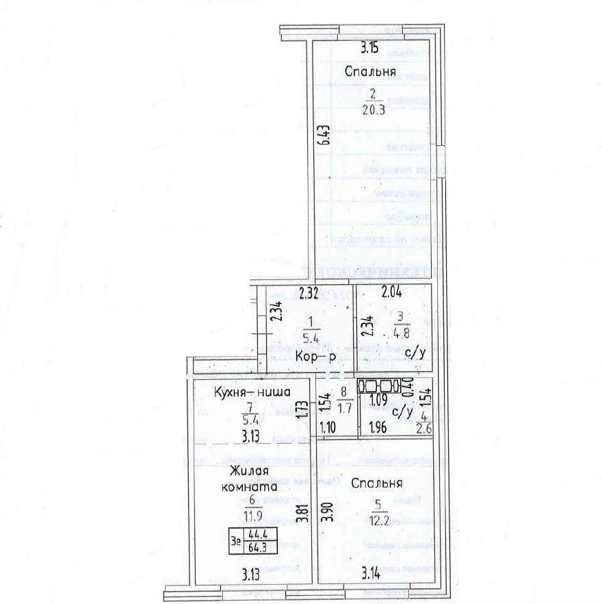 2-комнатная 64.3 м2 в ЖК undefined корпус null этаж 11