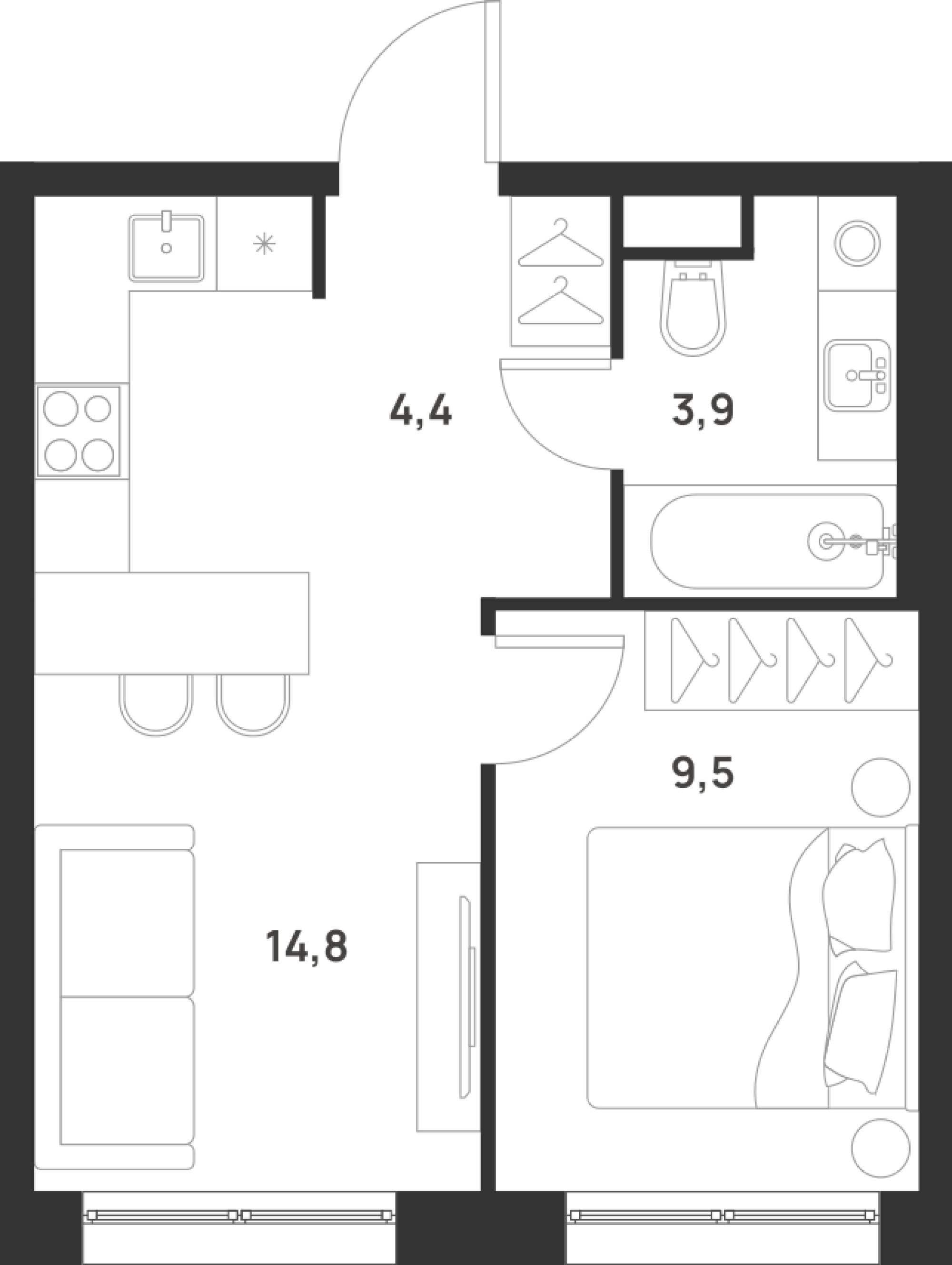 1-комнатная 32 м2 в ЖК Форевиль корпус null этаж 5
