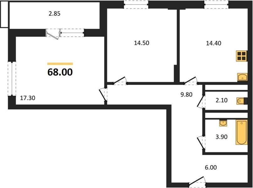 2-комнатная 68 м2 в ЖК undefined корпус null этаж 11