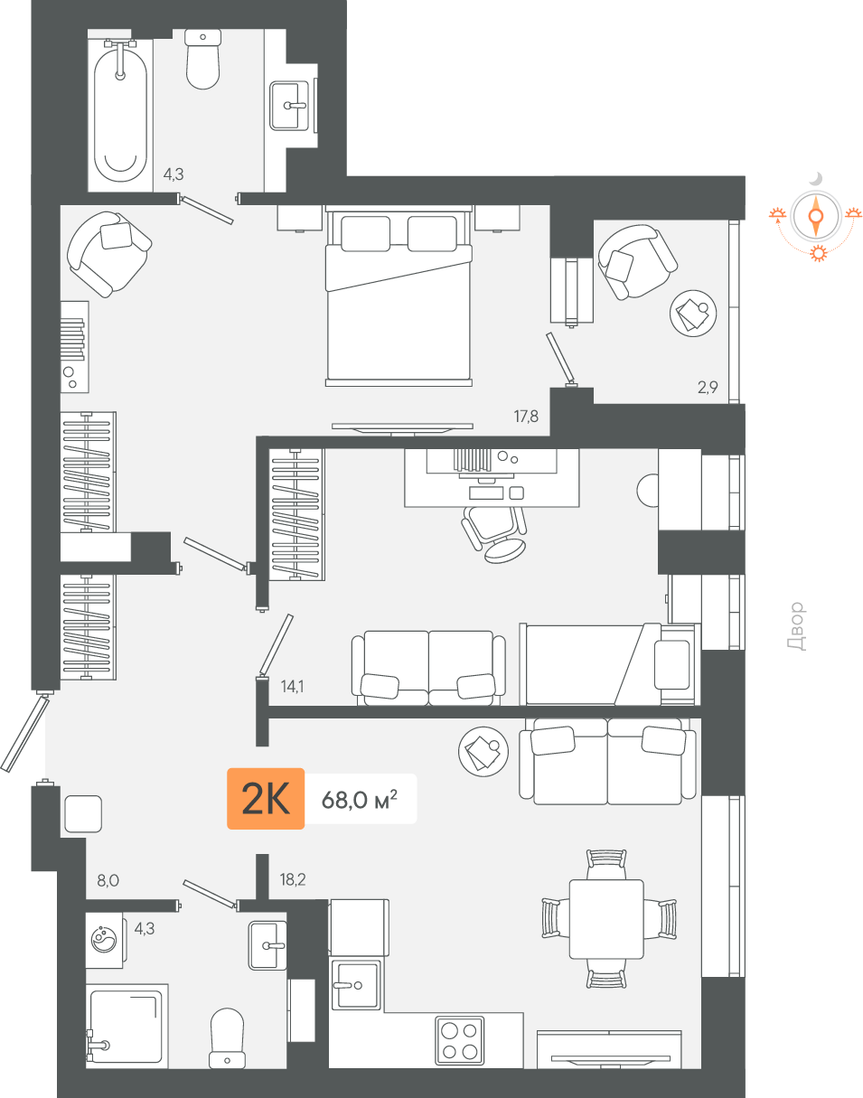 2-комнатная 68 м2 в ЖК Zori корпус null этаж 8