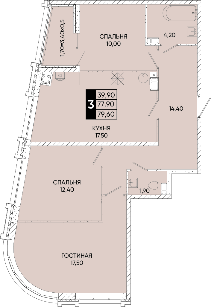 3-комнатная 79 м2 в ЖК Левобережье корпус null этаж 9