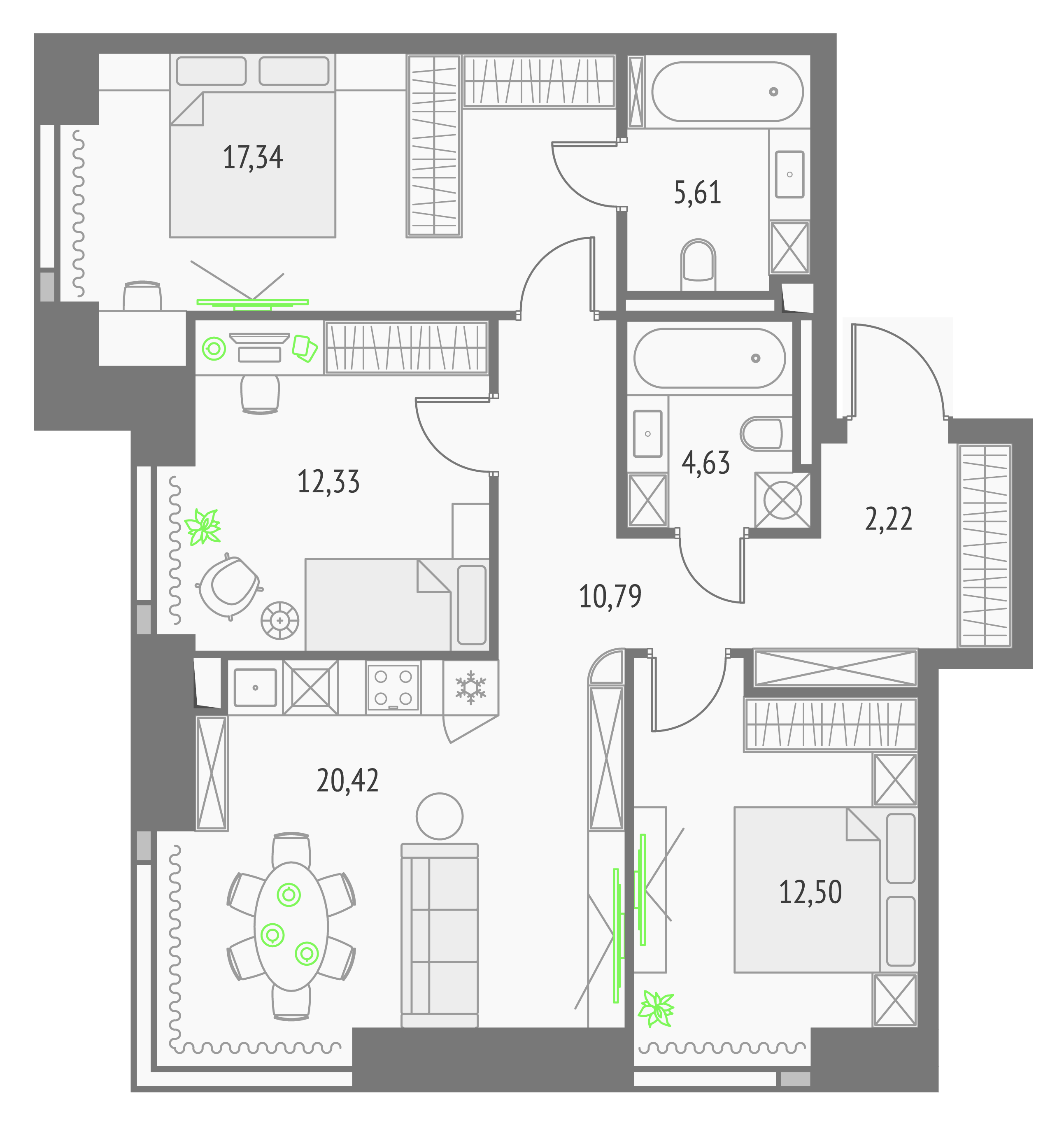 3-комнатная 85 м2 в ЖК Upside Towers корпус null этаж 6