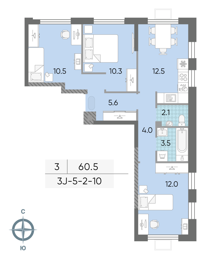 3-комнатная 60 м2 в ЖК ЛУЧИ корпус null этаж 5