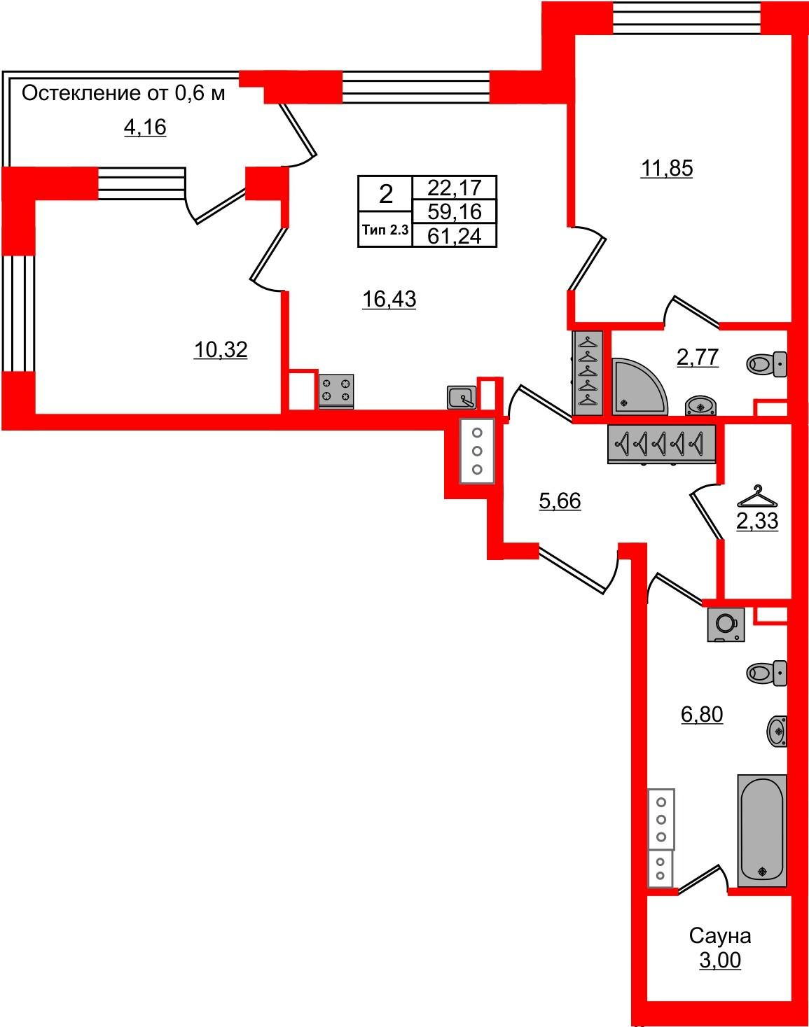 2-комнатная 59 м2 в ЖК Сэтл Ривьера корпус null этаж 6