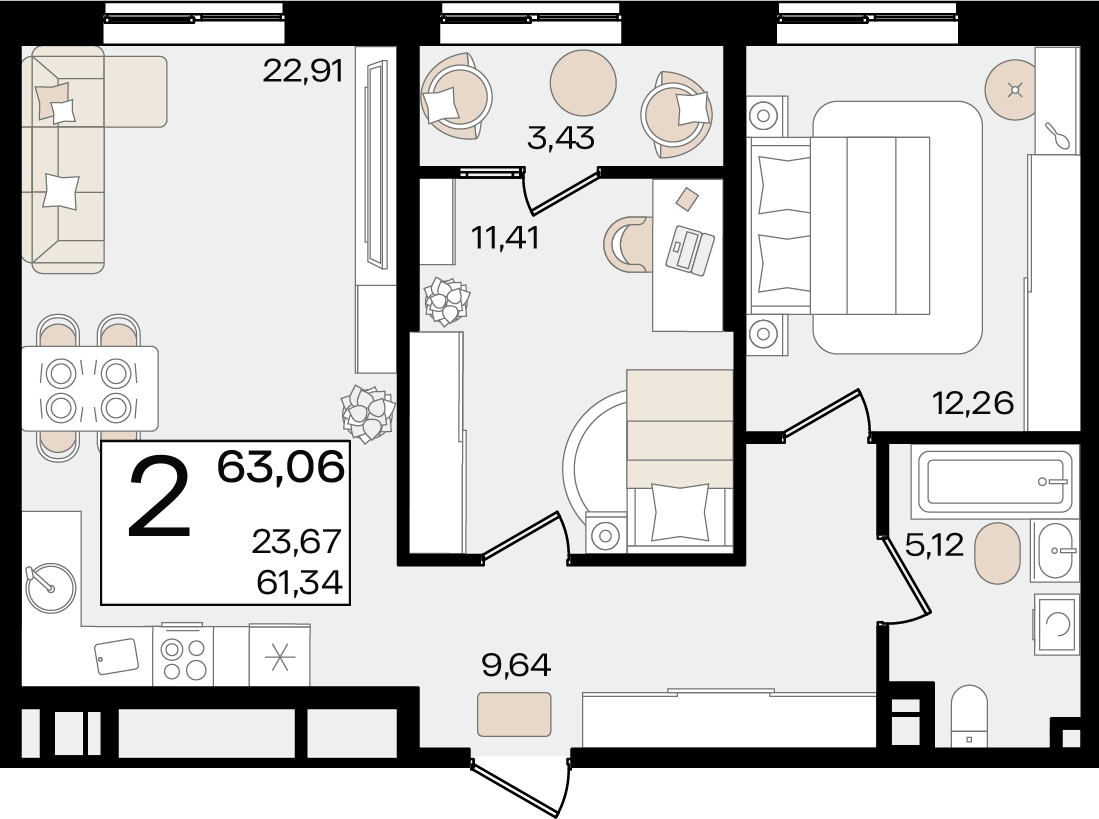 2-комнатная 63 м2 в ЖК Патрики корпус null этаж 15
