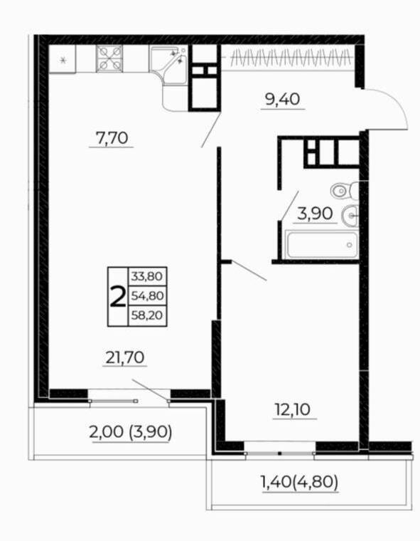 2-комнатная 58.2 м2 в ЖК undefined корпус null этаж 2
