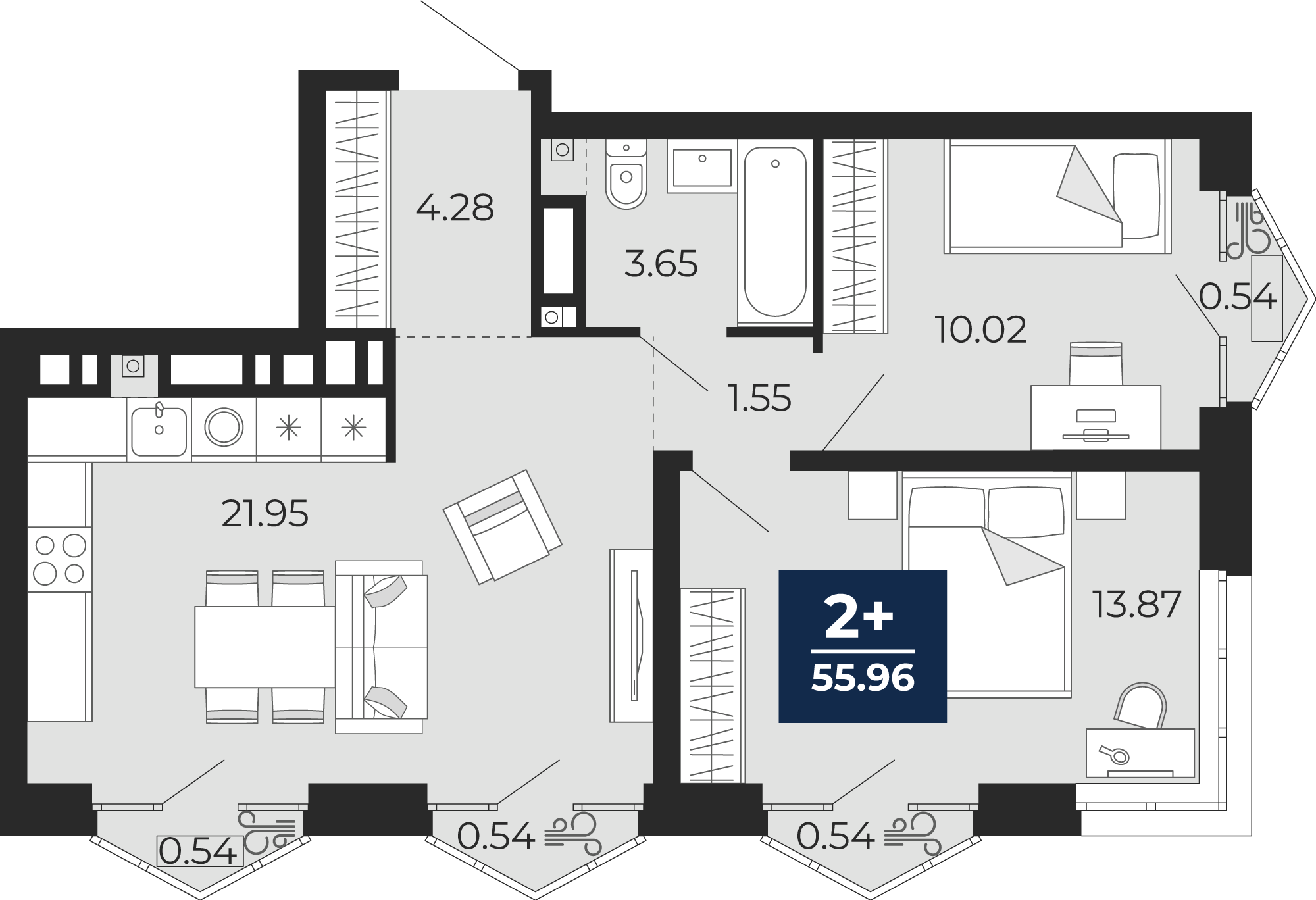 2-комнатная 55 м2 в ЖК Айвазовский корпус null этаж 7