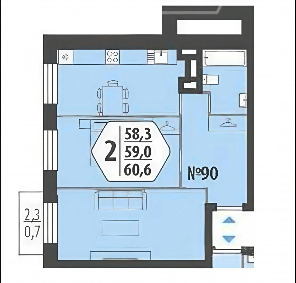 2-комнатная 57.4 м2 в ЖК undefined корпус null этаж 10