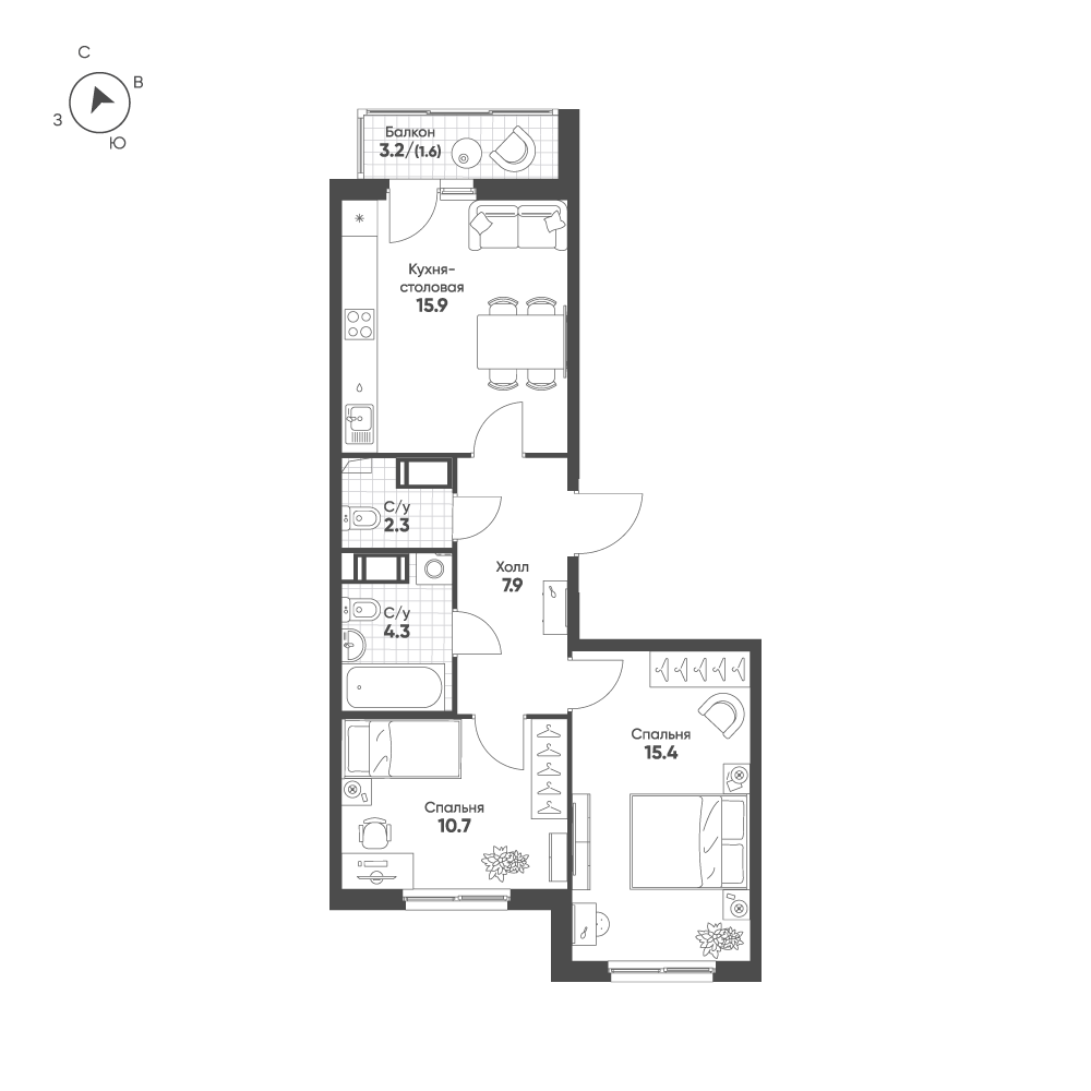 2-комнатная 58 м2 в ЖК Клюква.Парк корпус null этаж 9