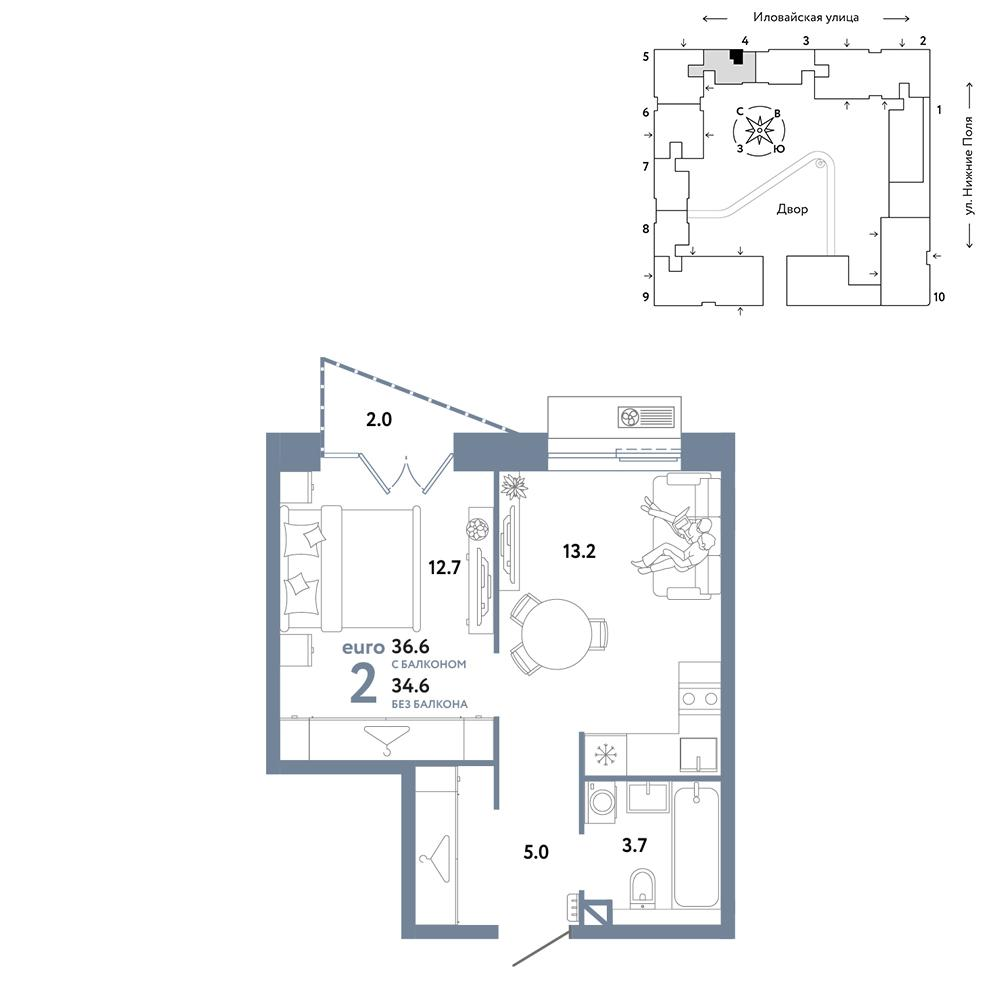 2-комнатная 36 м2 в ЖК Страна.Заречная корпус null этаж 8