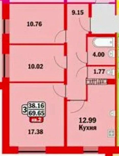 3-комнатная 66.3 м2 в ЖК undefined корпус null этаж 2