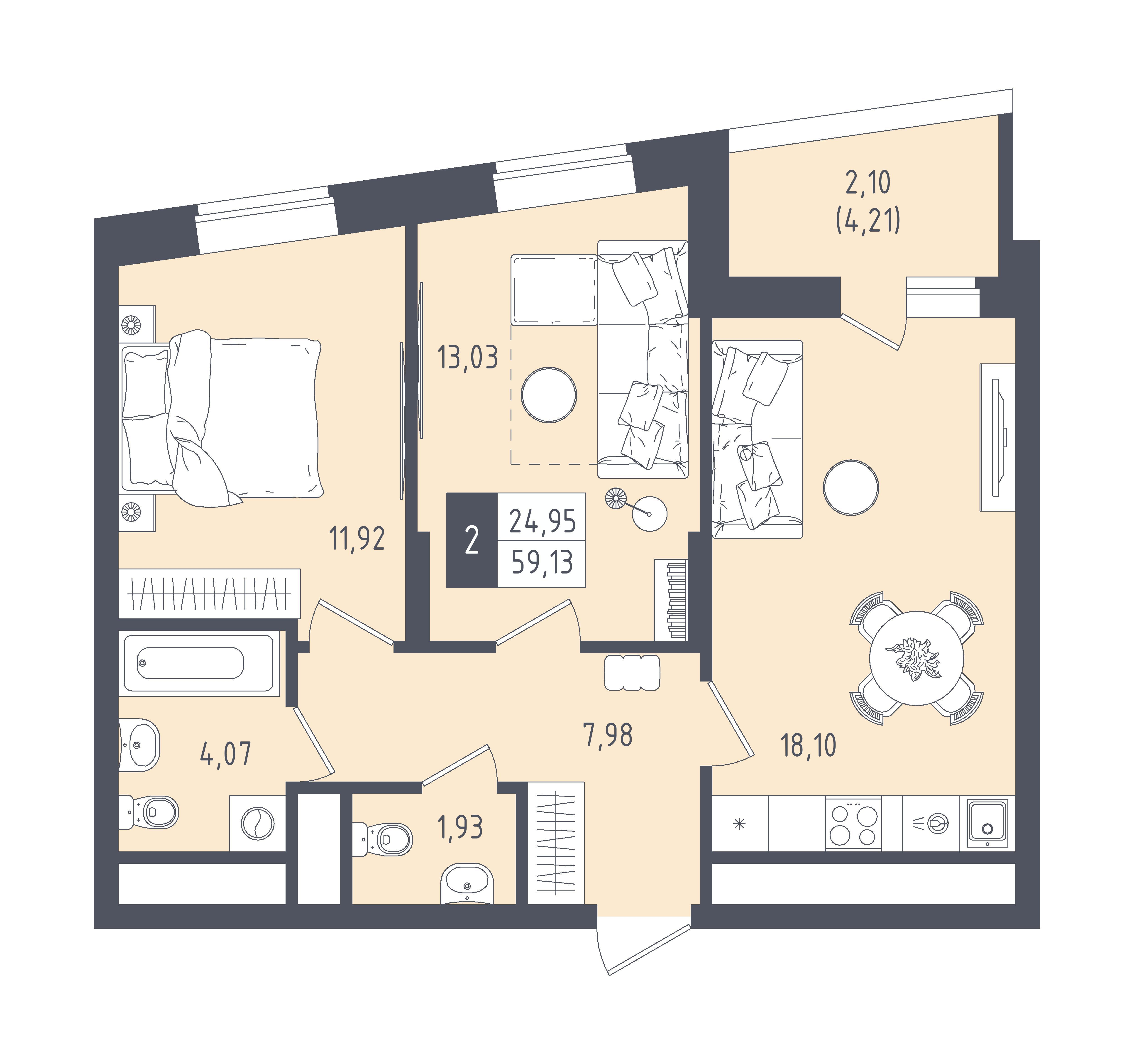 2-комнатная 59 м2 в ЖК Малевич корпус null этаж 13