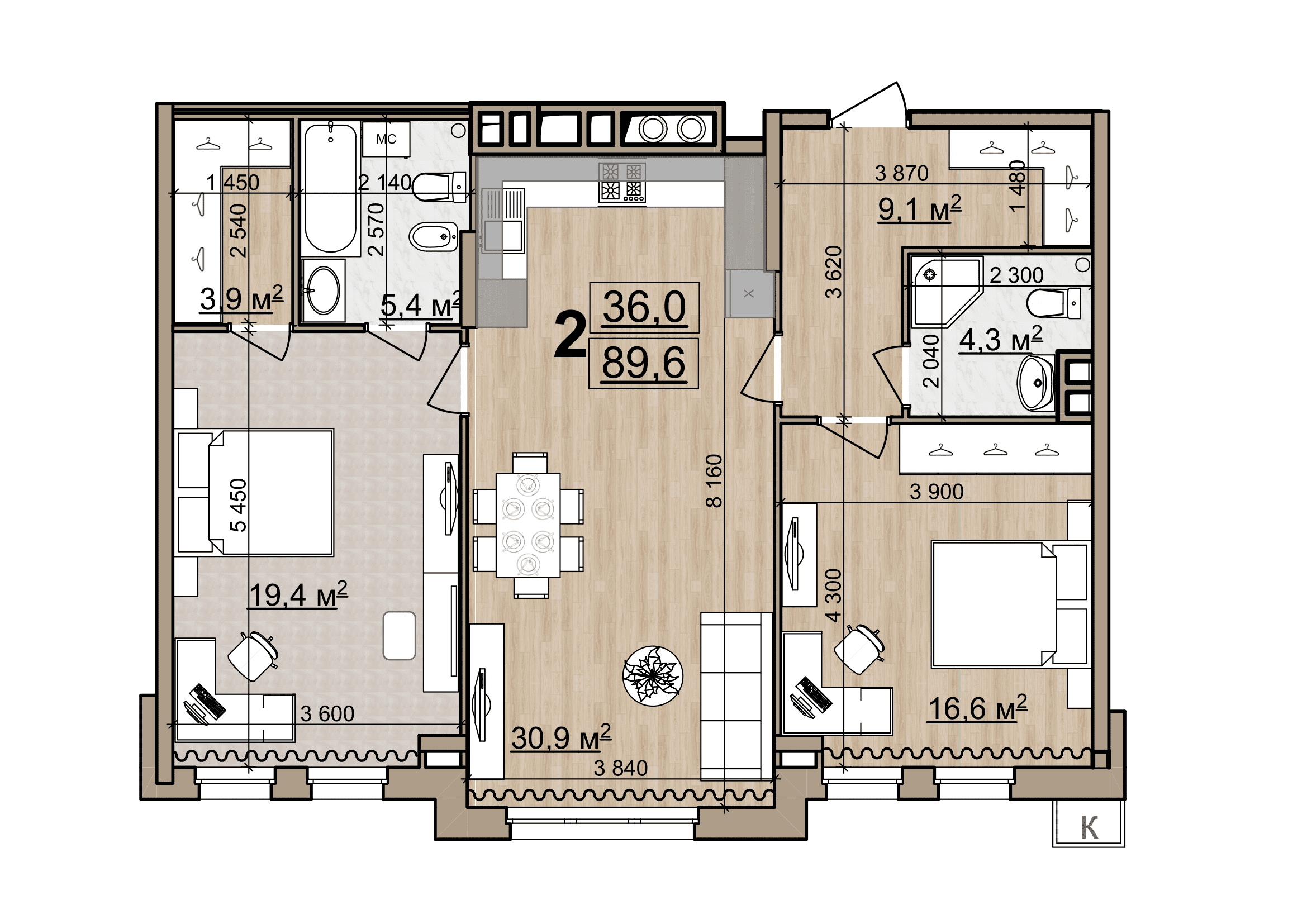2-комнатная 89 м2 в ЖК Pride Park корпус null этаж 3
