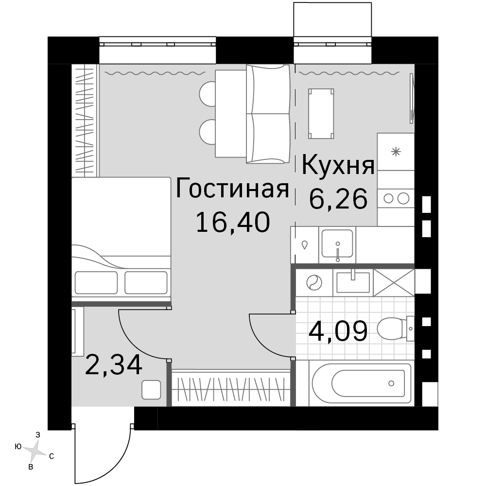 1-комнатная 29 м2 в ЖК Жаворонки Клаб корпус null этаж 3
