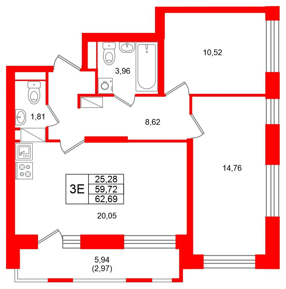 2-комнатная 62 м2 в ЖК Юнтолово корпус null этаж 22