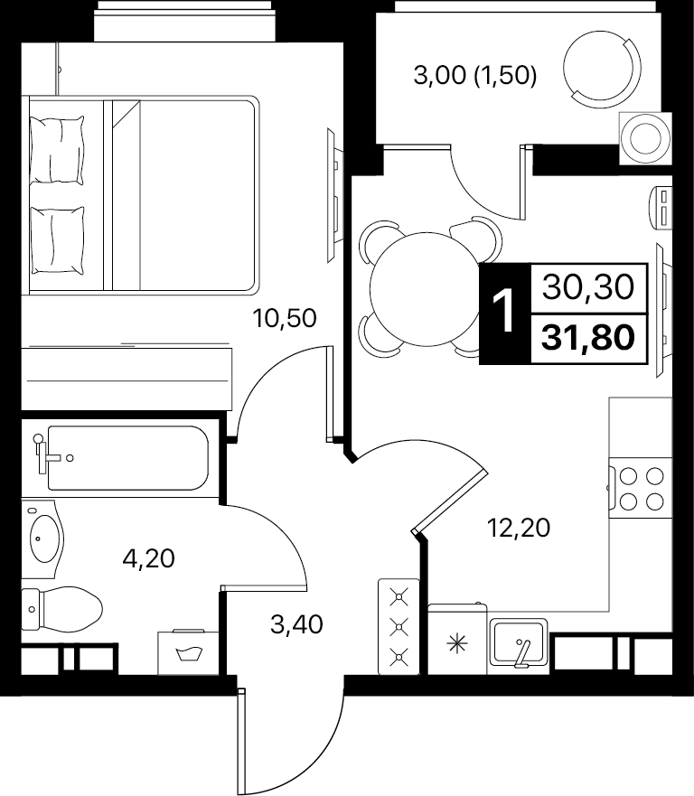 1-комнатная 31 м2 в ЖК Эстет корпус null этаж 7