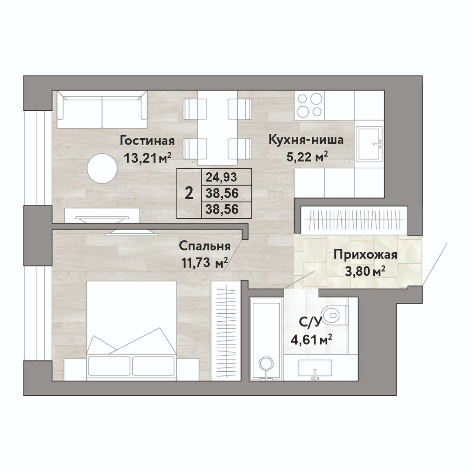 2-комнатная 38 м2 в ЖК Квартал «Stories» корпус null этаж 13