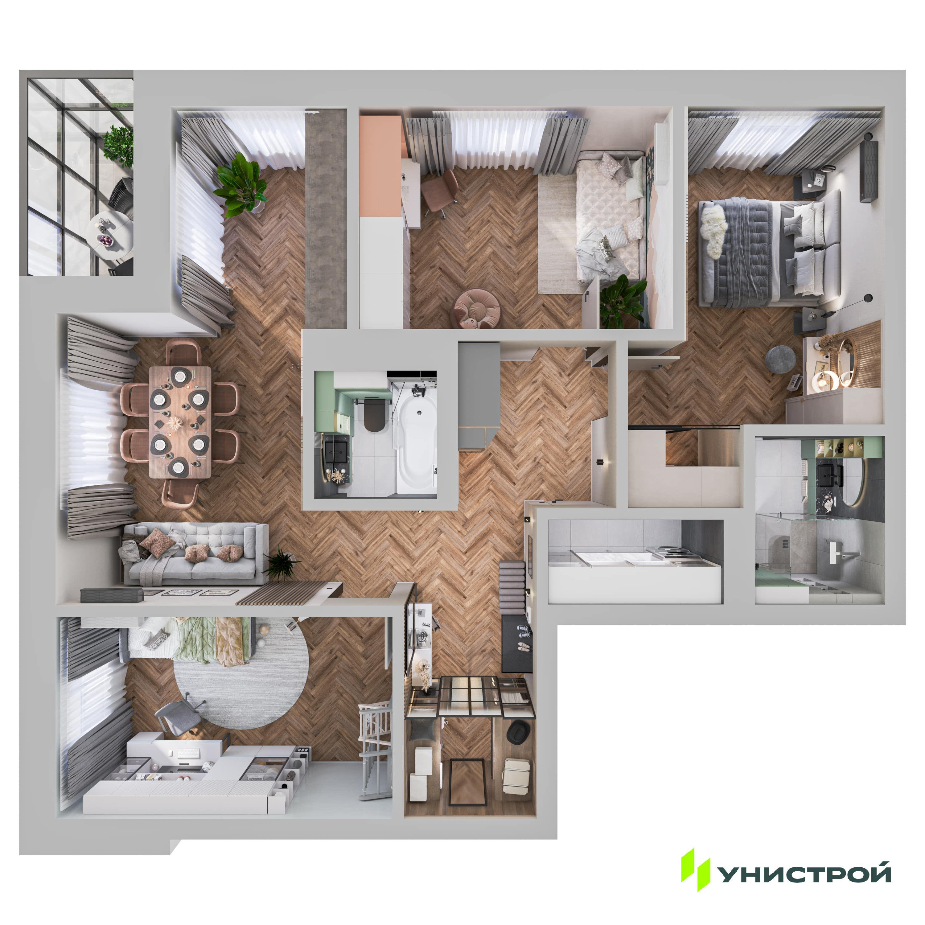 3-комнатная 92 м2 в ЖК Уникум на Ленинском корпус null этаж 13