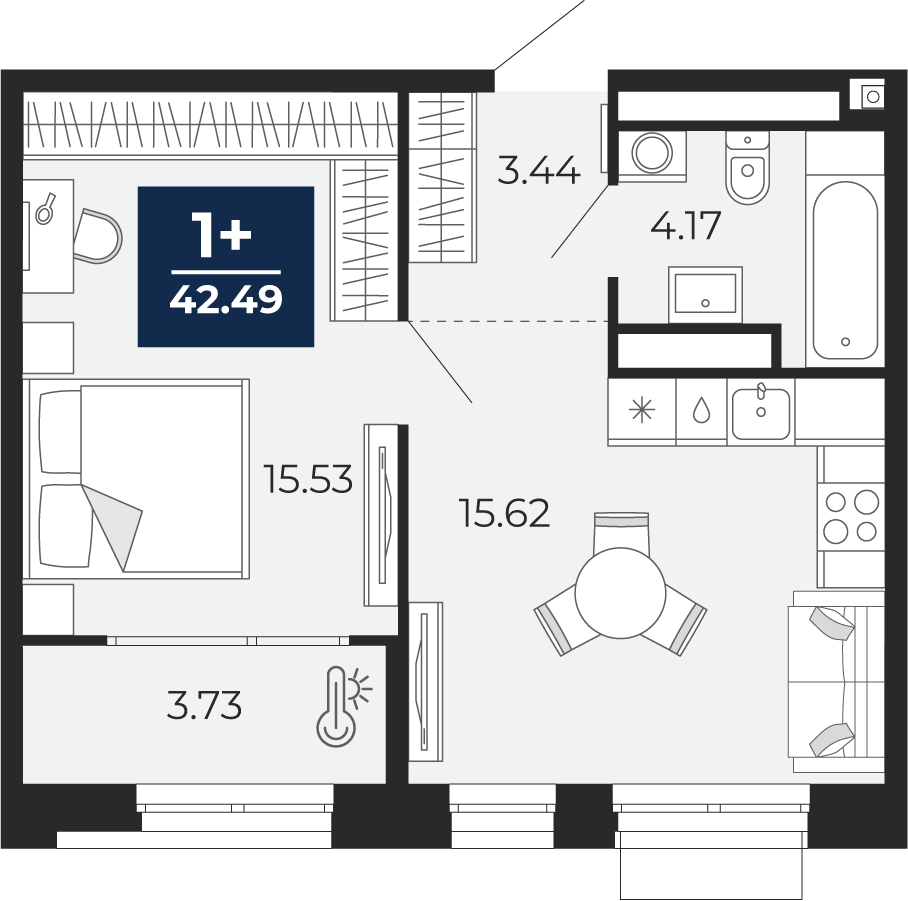 1-комнатная 42 м2 в ЖК Мириады корпус null этаж 2