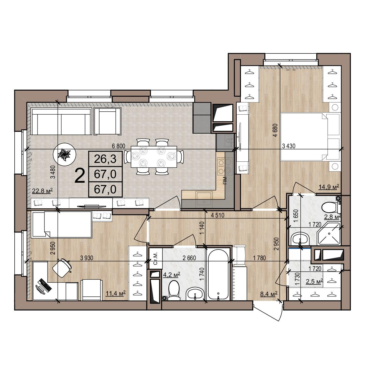 2-комнатная 67 м2 в ЖК Полярная звезда корпус null этаж 13