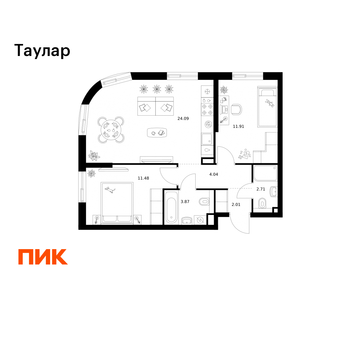 2-комнатная 60 м2 в ЖК Таулар корпус null этаж 7