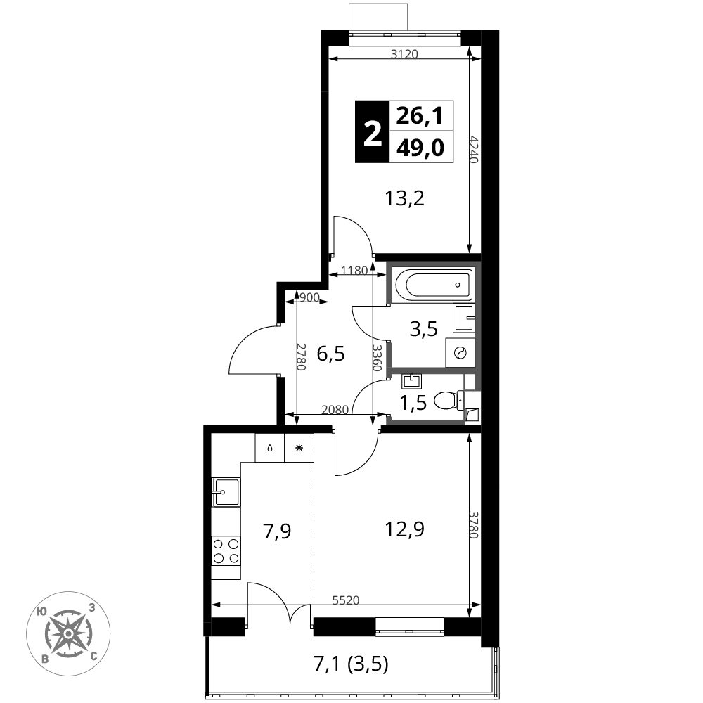 2-комнатная 49 м2 в ЖК 1-й Шереметьевский корпус null этаж 12