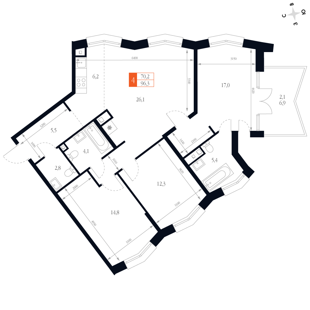 4-комнатная 96 м2 в ЖК Фордевинд корпус null этаж 4