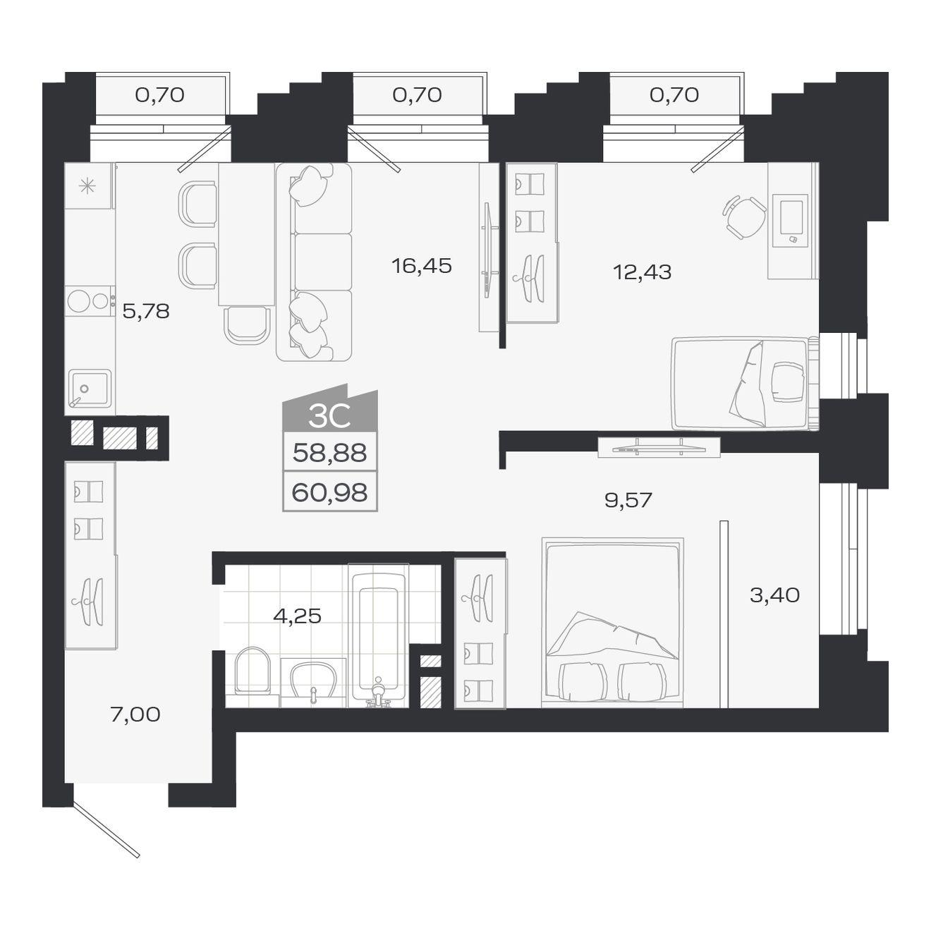 3-комнатная 58 м2 в ЖК Ясный берег корпус null этаж 3