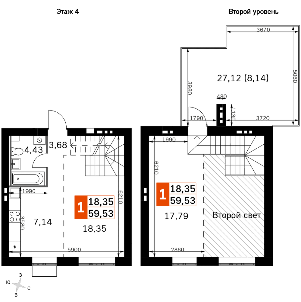 2-комнатная 59 м2 в ЖК Жаворонки Клаб корпус null этаж 4