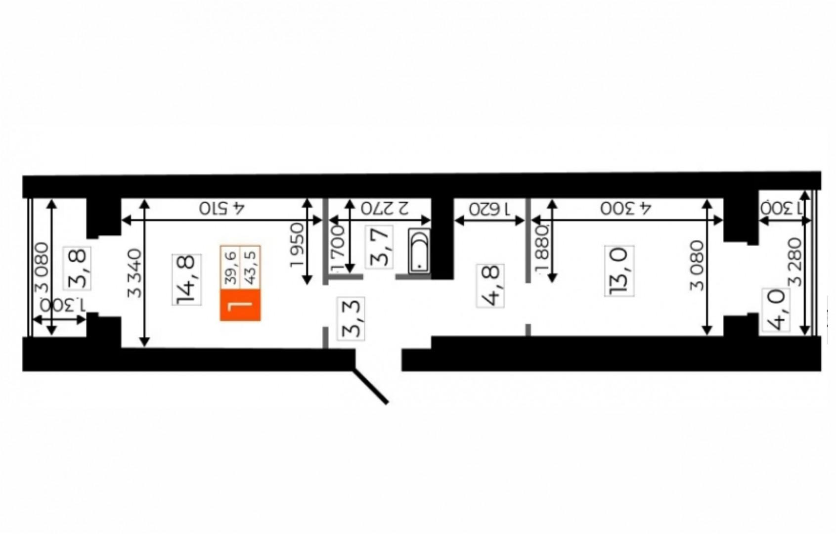 1-комнатная 43.6 м2 в ЖК undefined корпус null этаж 3