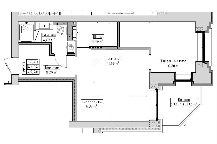 2-комнатная 43.5 м2 в ЖК undefined корпус null этаж 6