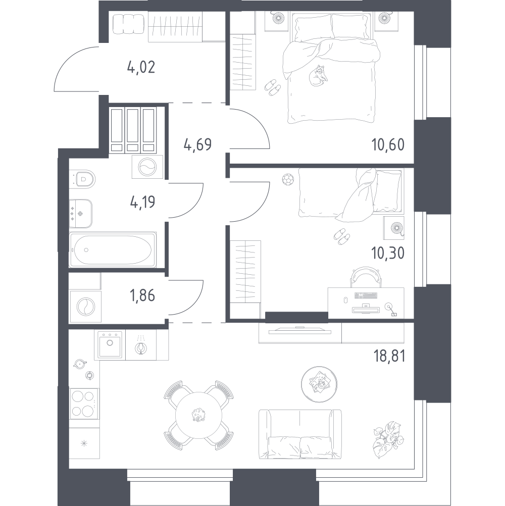 2-комнатная 54 м2 в ЖК Тропарево Парк корпус null этаж 19