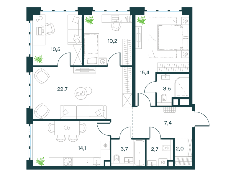 4-комнатная 92 м2 в ЖК Level Южнопортовая корпус null этаж 20
