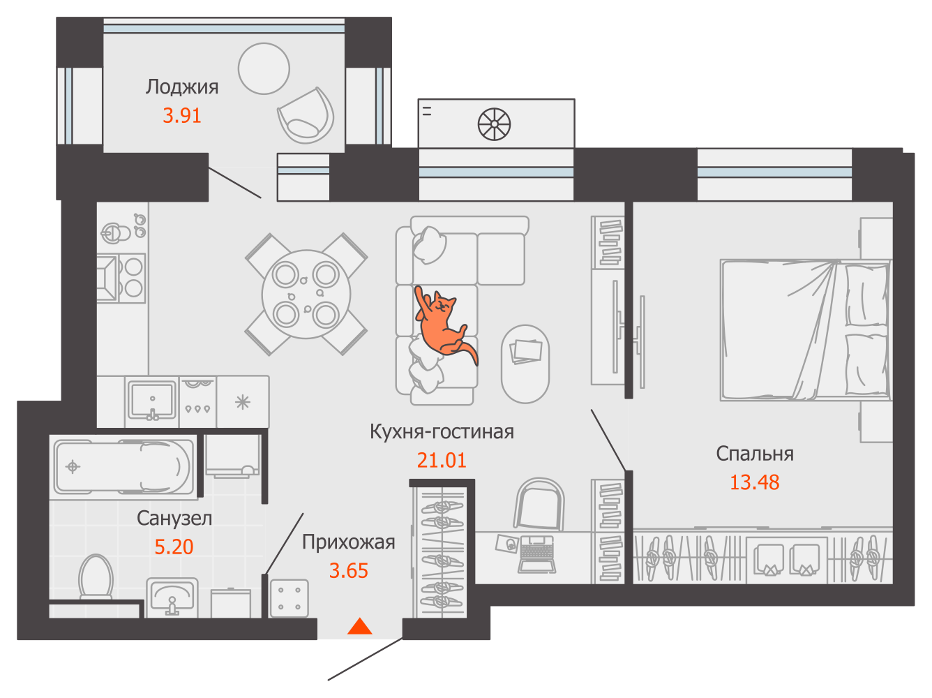 2-комнатная 45 м2 в ЖК Зарядное корпус null этаж 7