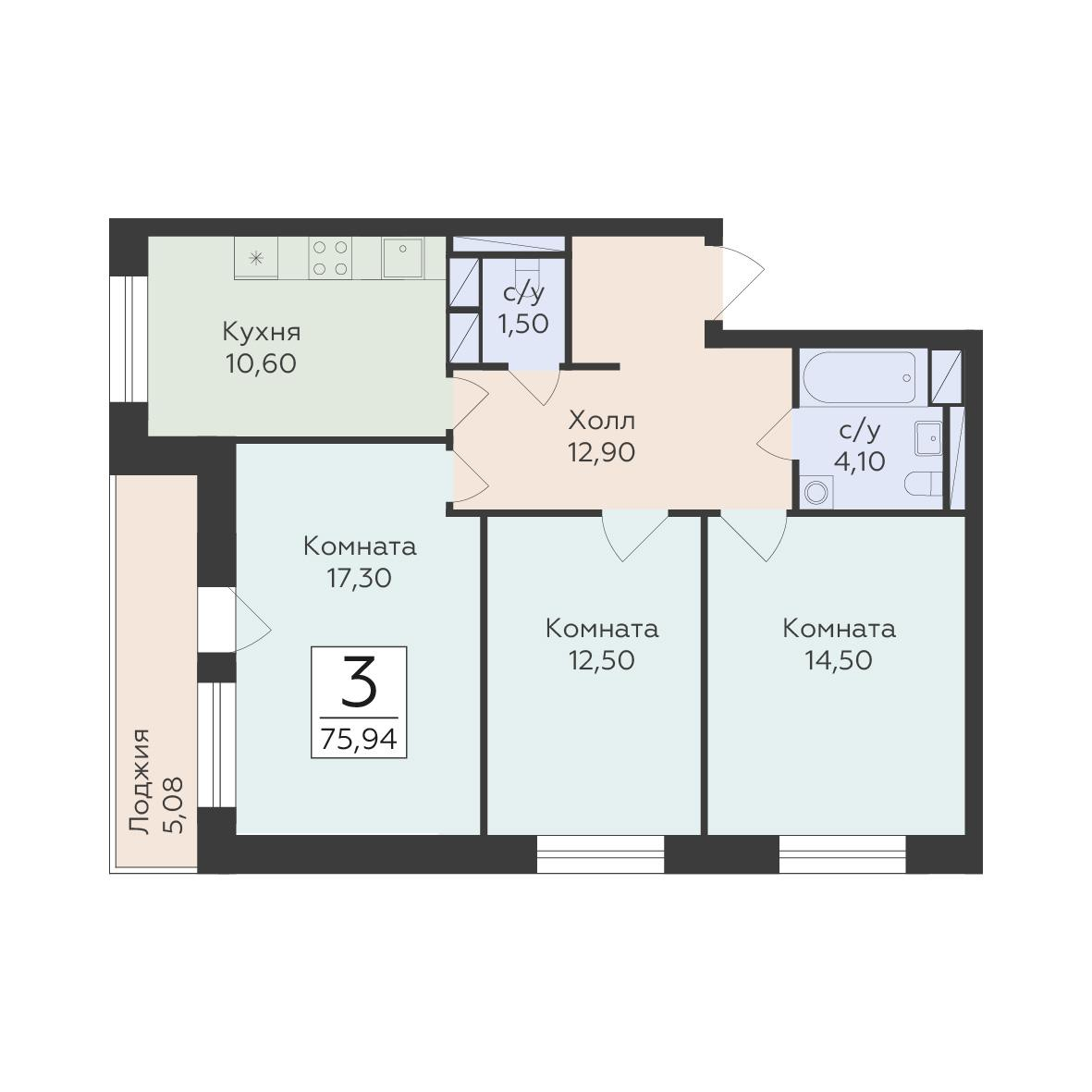 3-комнатная 75 м2 в ЖК Малаховский корпус null этаж 7