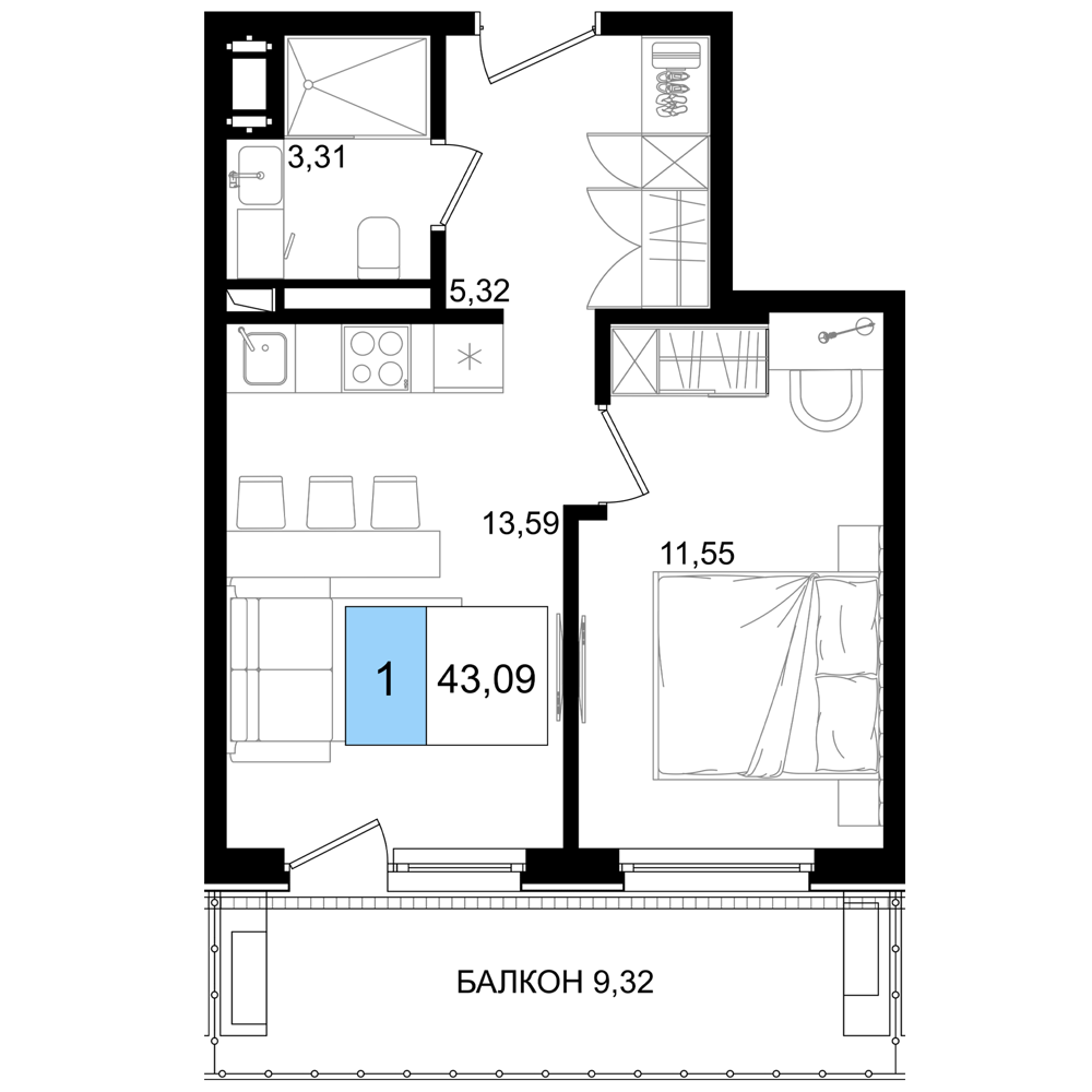 2-комнатная 43 м2 в ЖК Корсаков корпус null этаж 8