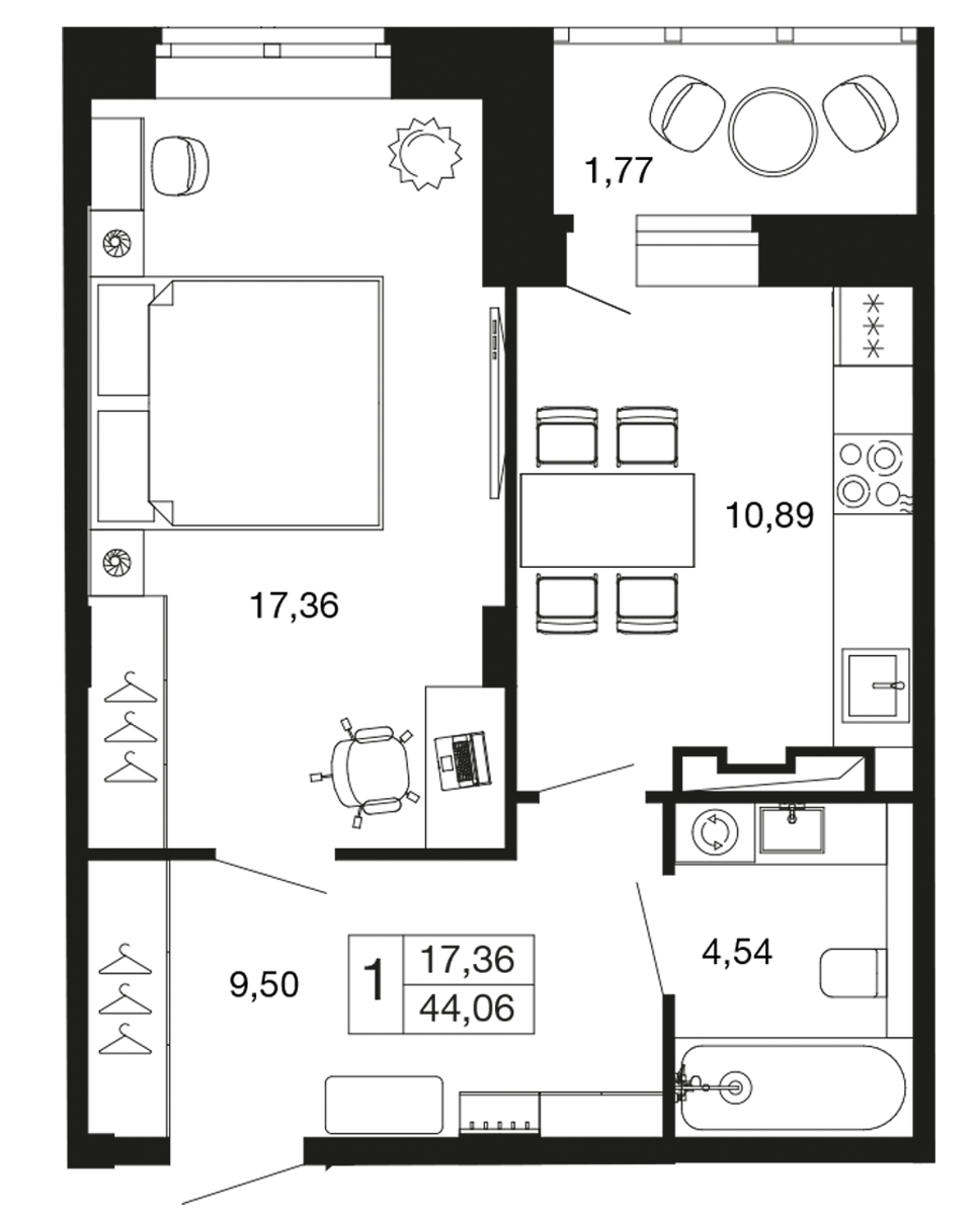 1-комнатная 42 м2 в ЖК Времена года корпус null этаж 7