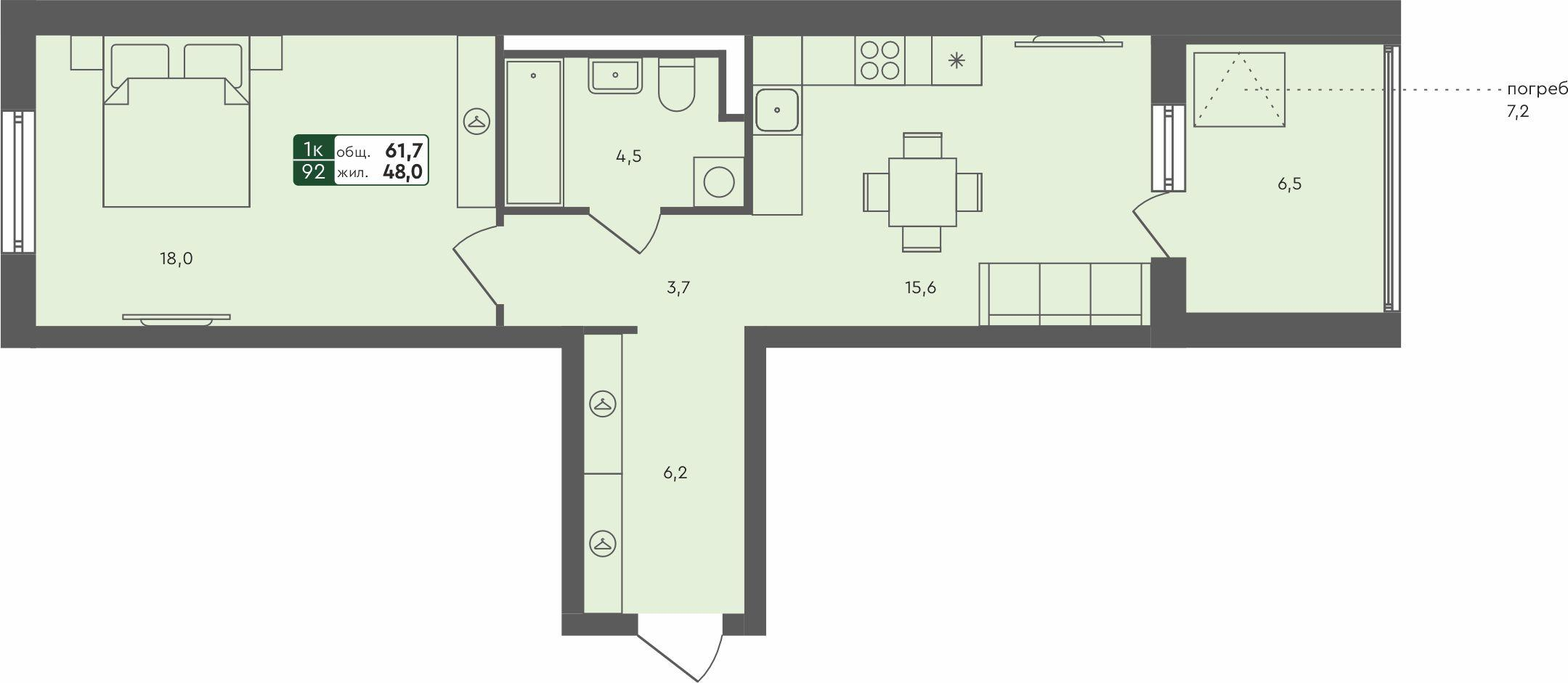 1-комнатная 61 м2 в ЖК Ритмы корпус null этаж 1
