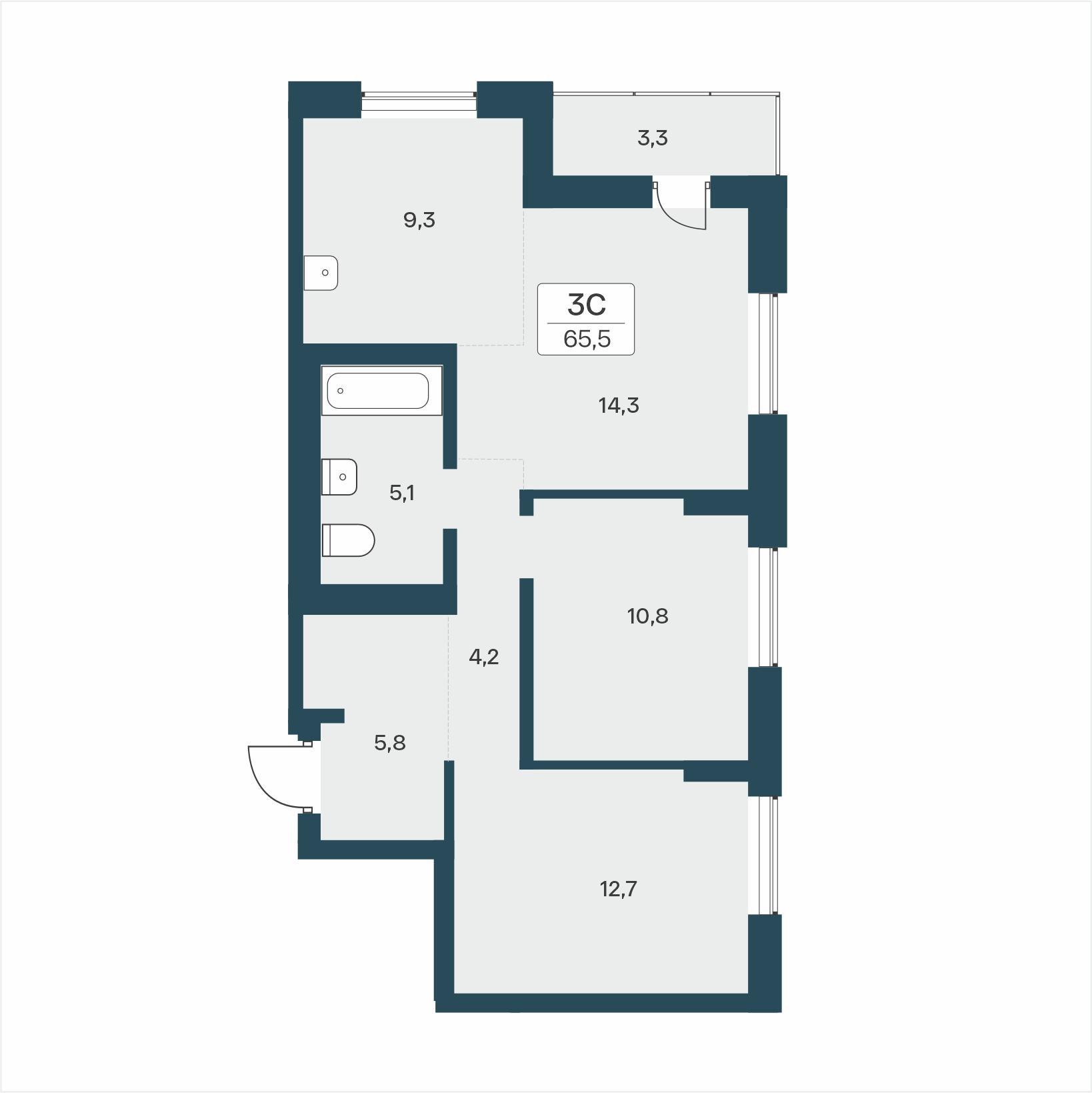 3-комнатная 65 м2 в ЖК Расцветай на Учительской корпус null этаж 12