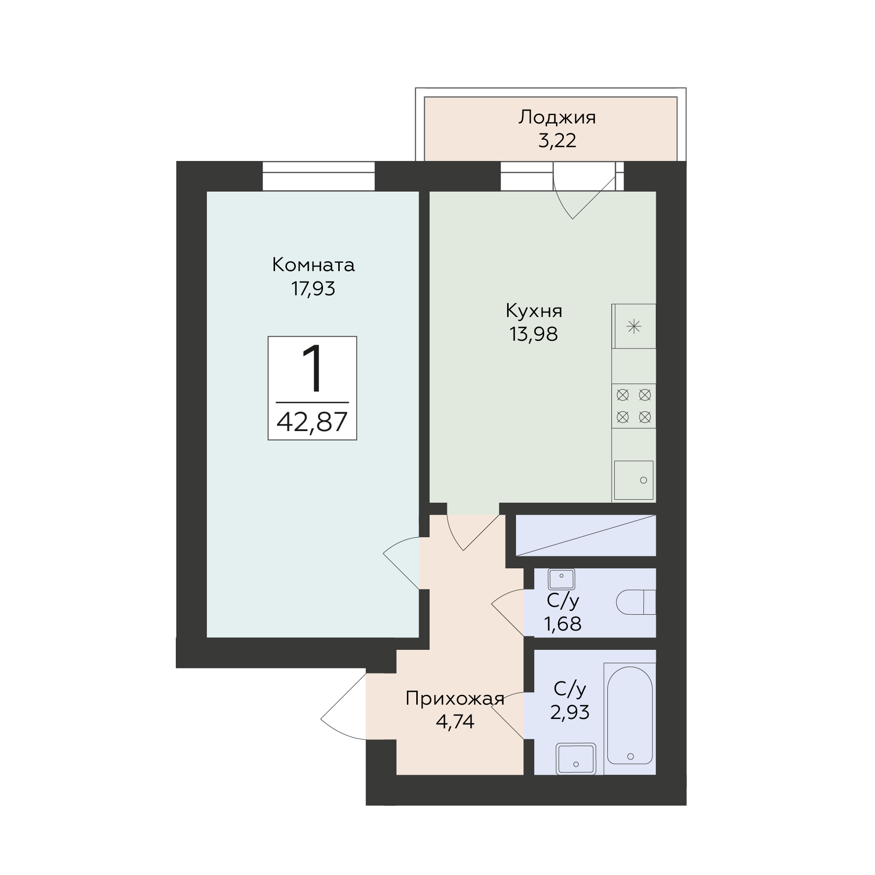 1-комнатная 42 м2 в ЖК Юность корпус null этаж 17