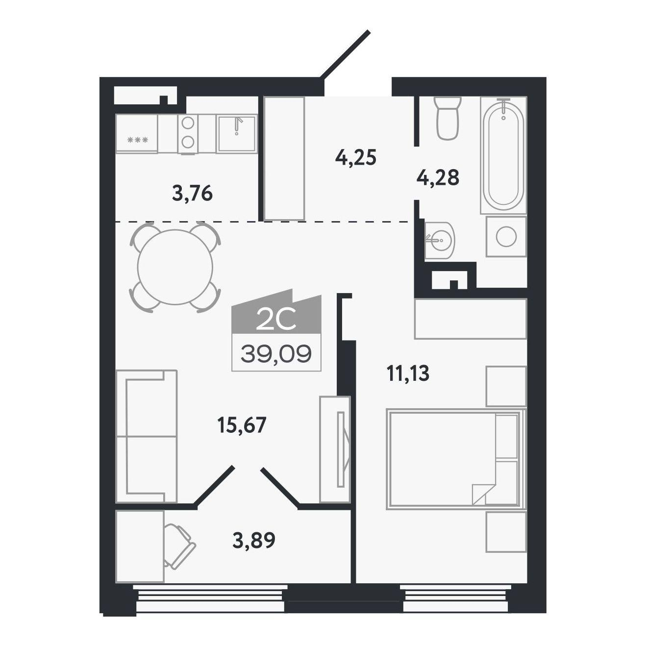 2-комнатная 39 м2 в ЖК Квартал 1604 корпус null этаж 13