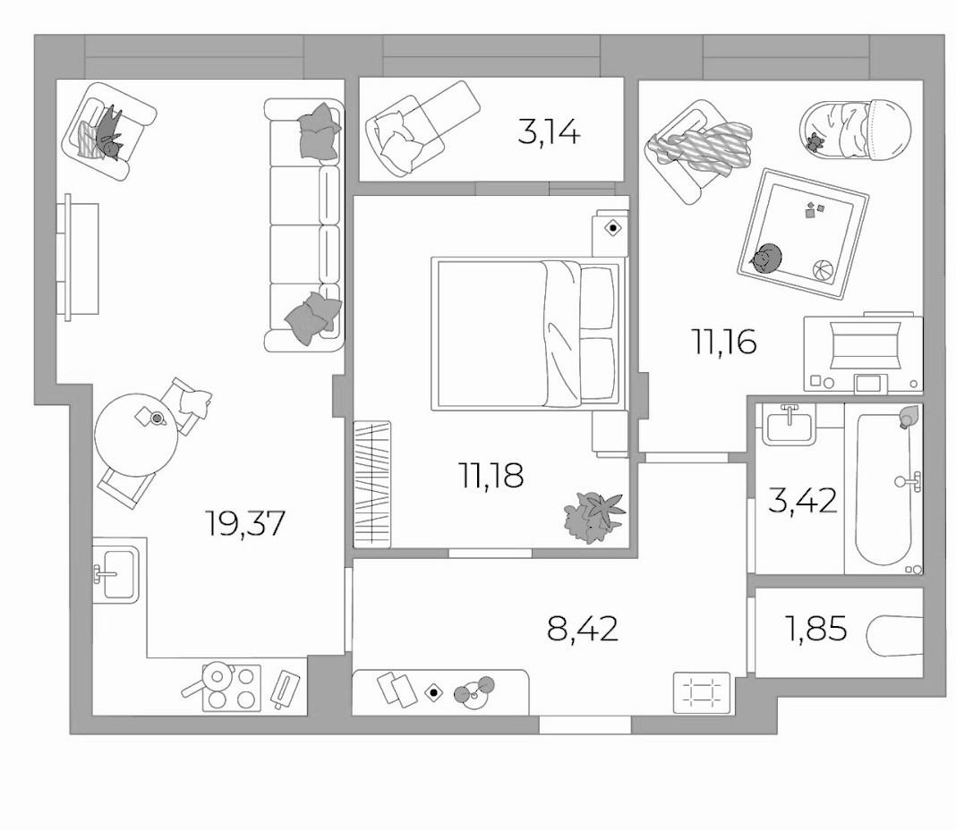 2-комнатная 55.1 м2 в ЖК undefined корпус null этаж 8