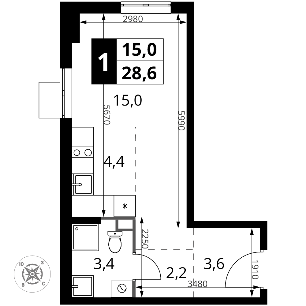 Студия 28 м2 в ЖК 1-й Шереметьевский корпус null этаж 13