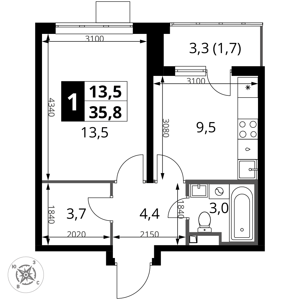 1-комнатная 35 м2 в ЖК 1-й Донской корпус null этаж 8