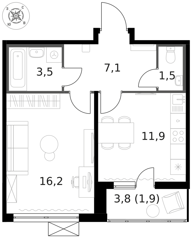 1-комнатная 42 м2 в ЖК 1-й Ленинградский корпус null этаж 5
